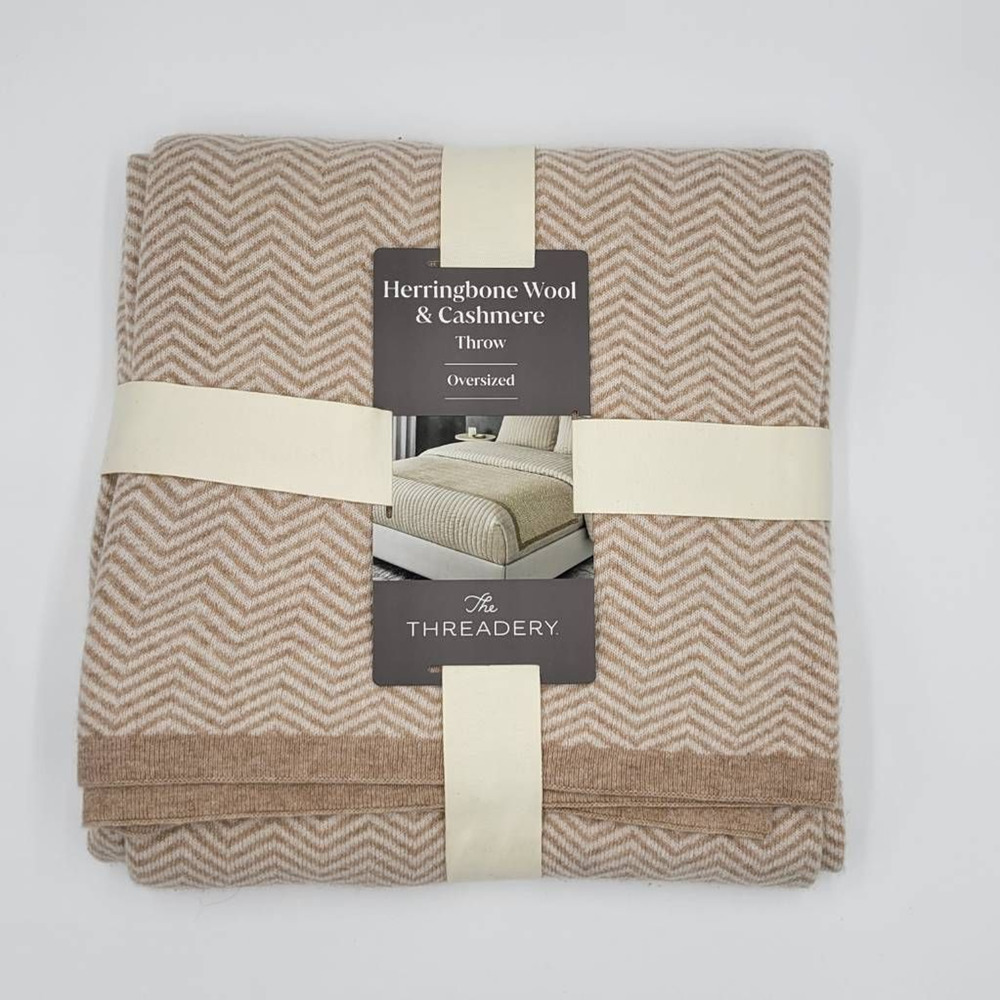 The Threadery Herringbone Wool Cashmere Blend Oversize Throw Blanket 50 X 70 New